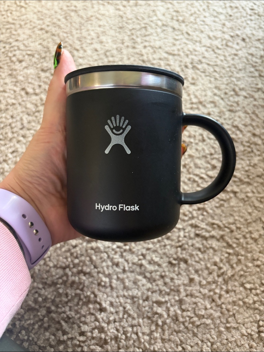 B70 Hydro Flask 12oz mug w lid, black and stainless steel finish